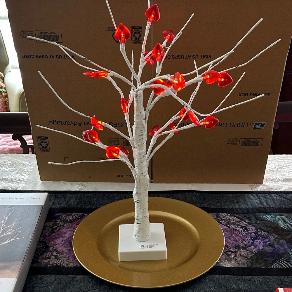 Illuminated Faux Birch Tree with or without Vibrant Red Hearts;Battery Operated